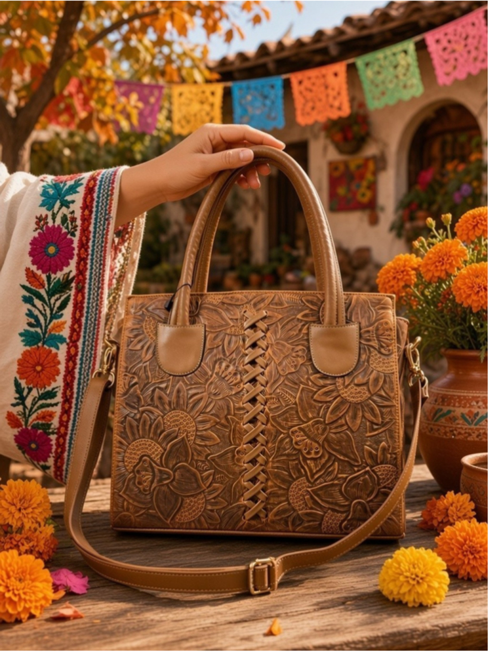 Sunflower Shedron Brown Cross Stitch Embossed Tooled Artisan LEATHER Purse